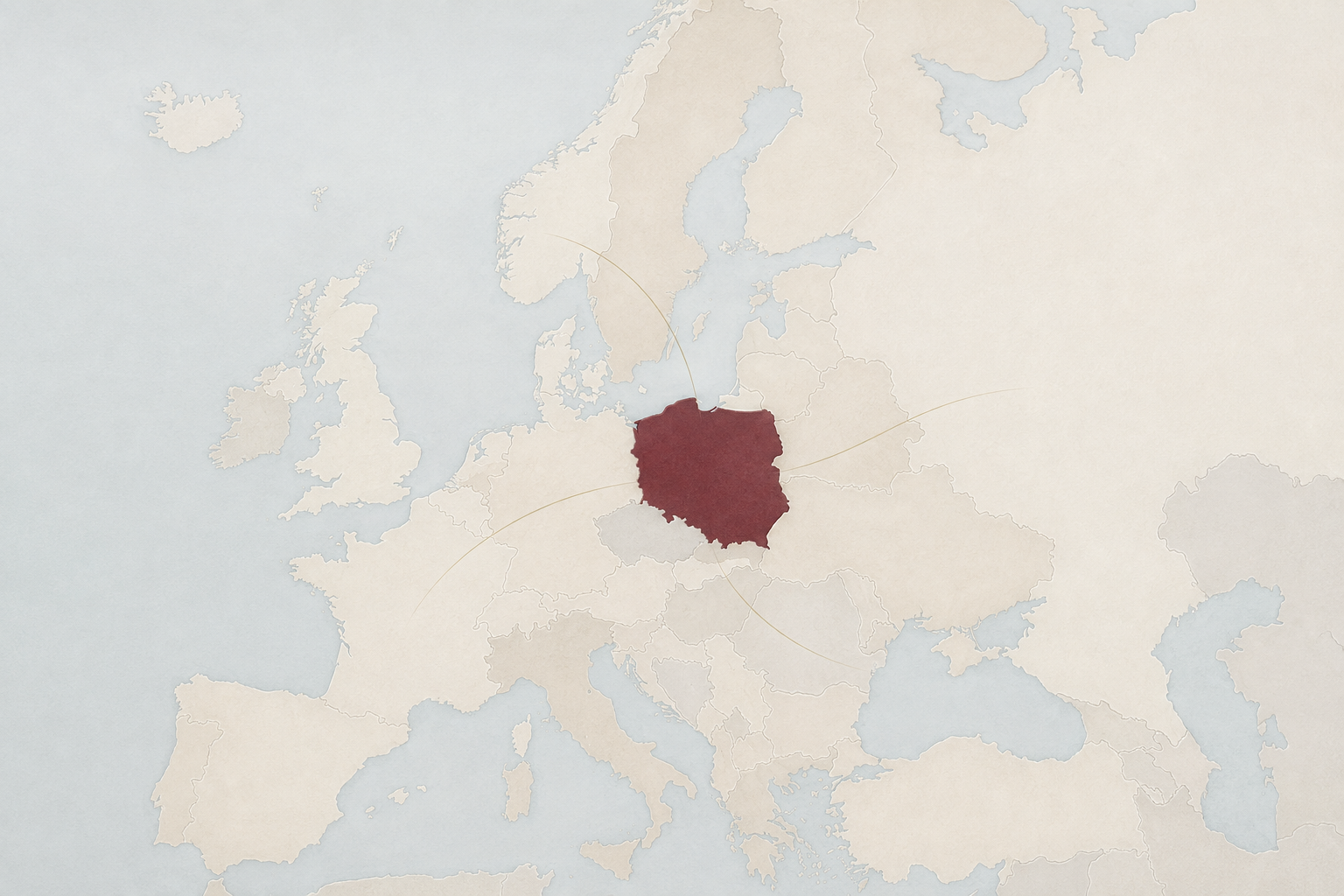 Stylizowana mapa Europy z Polską wyróżnioną w kolorze burgundowym